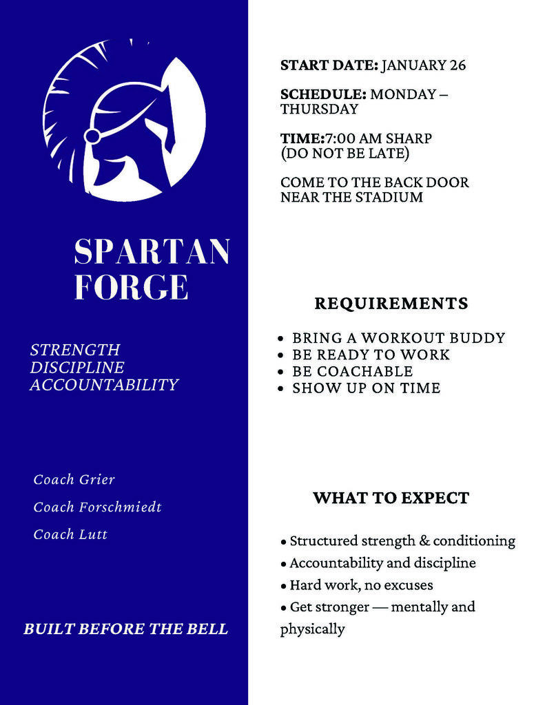 Spartan Forge Flyer for SHS student athletes to build strength, discipline, and accountability.