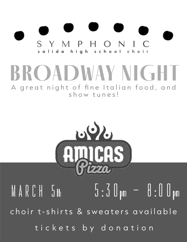 Flyer for Broadway Night - grey and white - Amicas Pizza March 5, 2026 5:30-8 pm