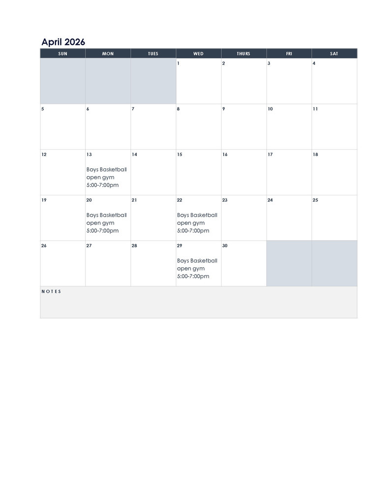 Calendar images for SHS Boys Basketball summer 2026 open gyms