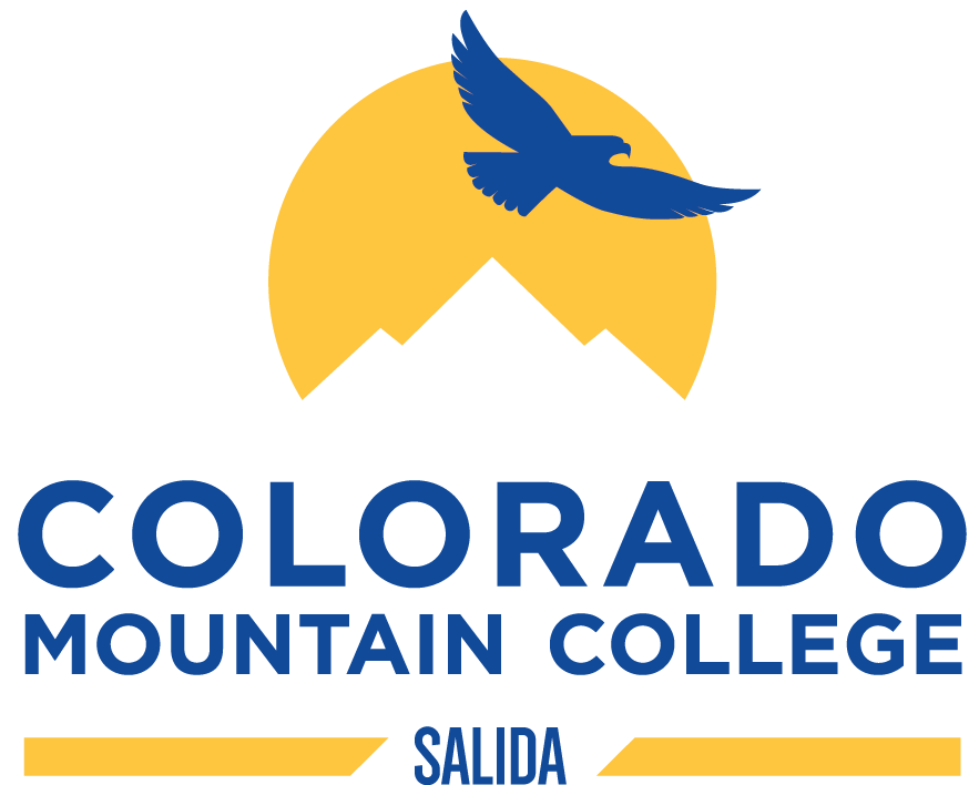 Colorado Mountain College (CMC) Salida Logo with graphic blue bird soaring over the yellow sky over a white mountain silhouette
