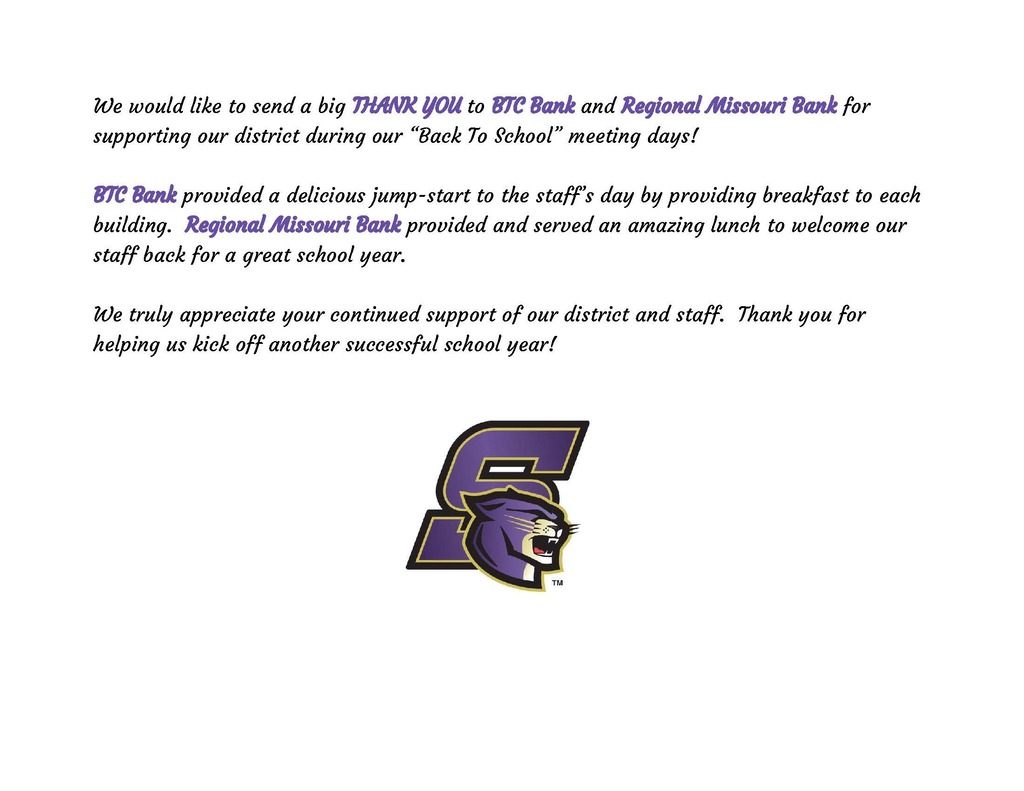 BTC and Regional MO Bank Thank you