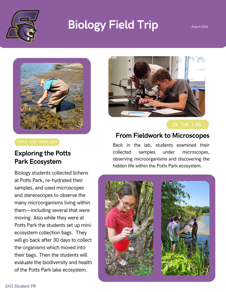 Biology students participated in a lab studying the ecosystem of nearby Potts Park. Students gathered lichens for examination and placed mini-ecosystem bags in the lake. After 30 days students will return and gather the bags to evaluate the biodiversity of the lake.