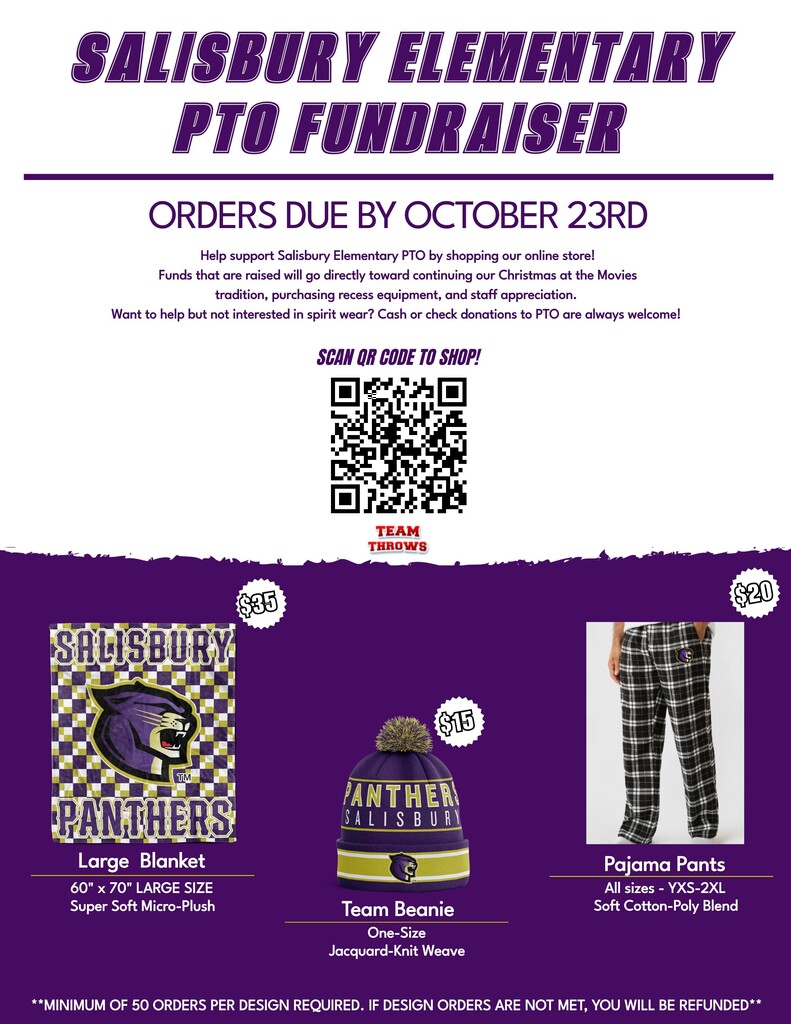 Support Salisbury Elementary PTO but scanning the QR Code below. All items will be shipped to the Elementary School and should arrive before winter break. 