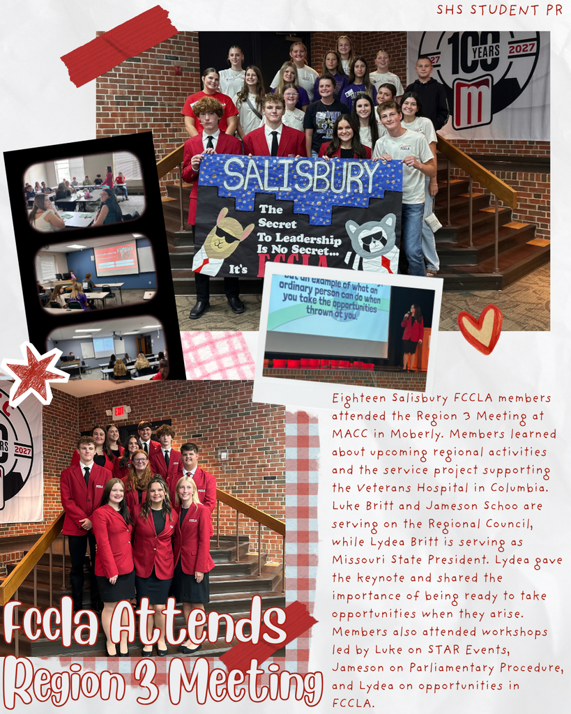 FCCLA students and advisor attend Region 3 FCCLA meeting in Moberly. Students participated in workshops and led trainings. Salisbury FCCLA students pose for a photo at the meeting.