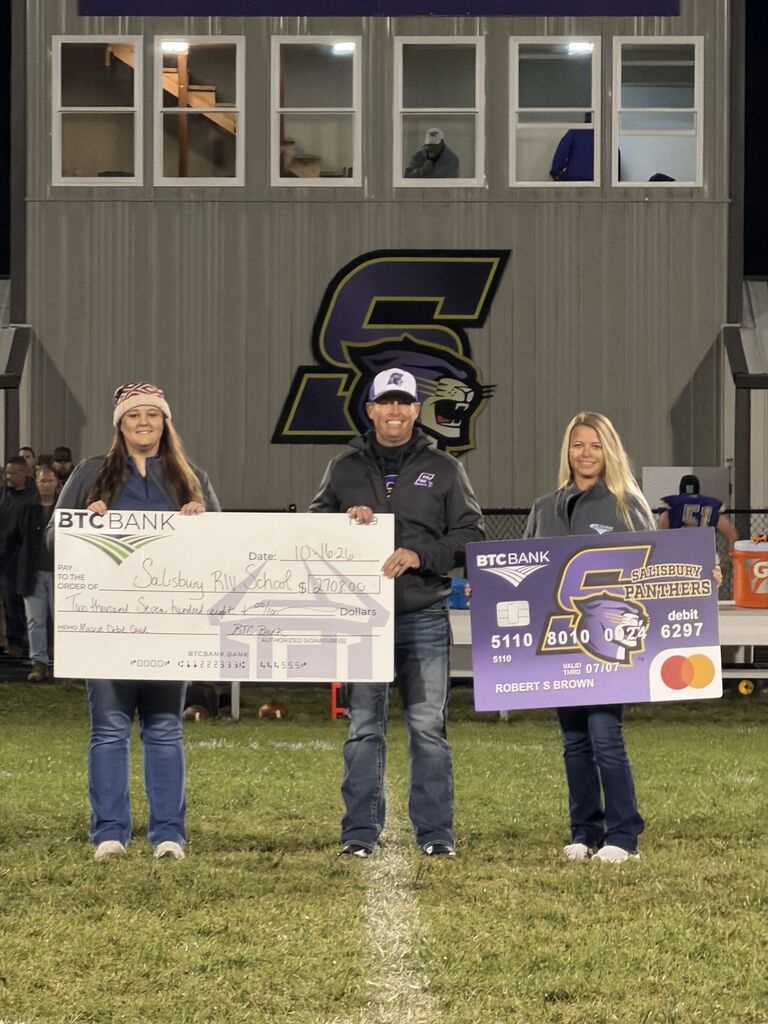 BTC Bank’s three pillars of commitment - Community, Youth, and Agriculture - are at the heart of their mission to give back. One way they do this is through the Mascot Debit Card program, where every time someone pays with a school-branded card, 7.5 cents per use is donated back to the featured school. Thanks to the support of community members who chose Salisbury School District Mascot Debit Card, BTC Bank is presenting a donation of $2,708 to Salisbury Schools tonight. We’re grateful for BTC Bank’s continued investment in our youth and rural communities.