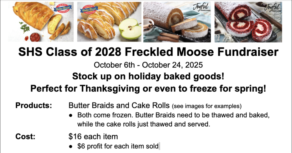 Image of fundraiser butter braids and cake rolls, information on dates of the sale and cost.