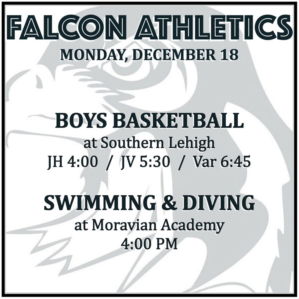 BOYS BASKETBALL at Southern Lehigh: JH 4:00, JV 5:30, Varsity 6:45. SWIMMING & DIVING at Moravian Academy: 4:00 PM.