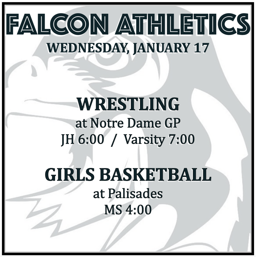 WRESTLING at Notre Dame GP: JH 6:00, Varsity 7:00. GIRLS BASKETBALL at Palisades: MS 4:00.