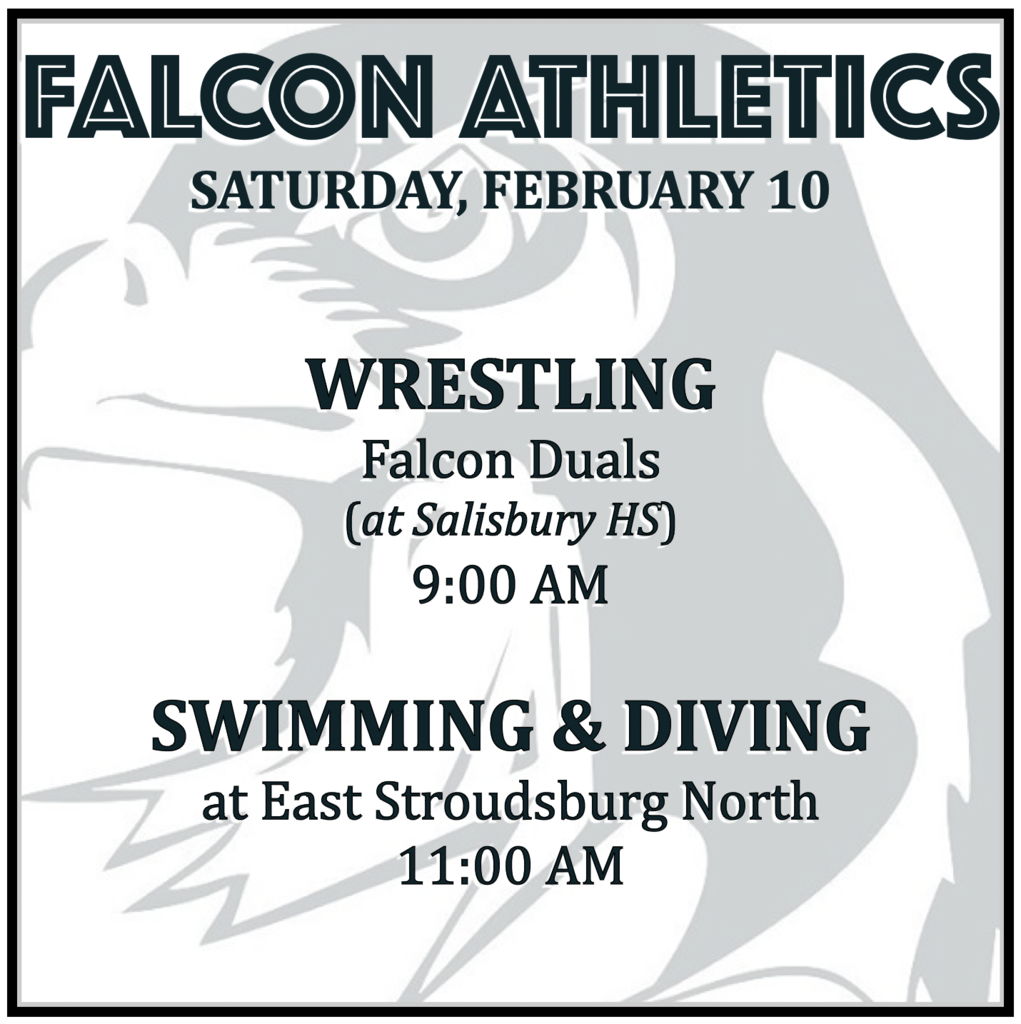 WRESTLING Falcon Duals (at Salisbury HS): 9:00 AM. SWIMMING & DIVING at East Stroudsburg North: 11:00 AM.