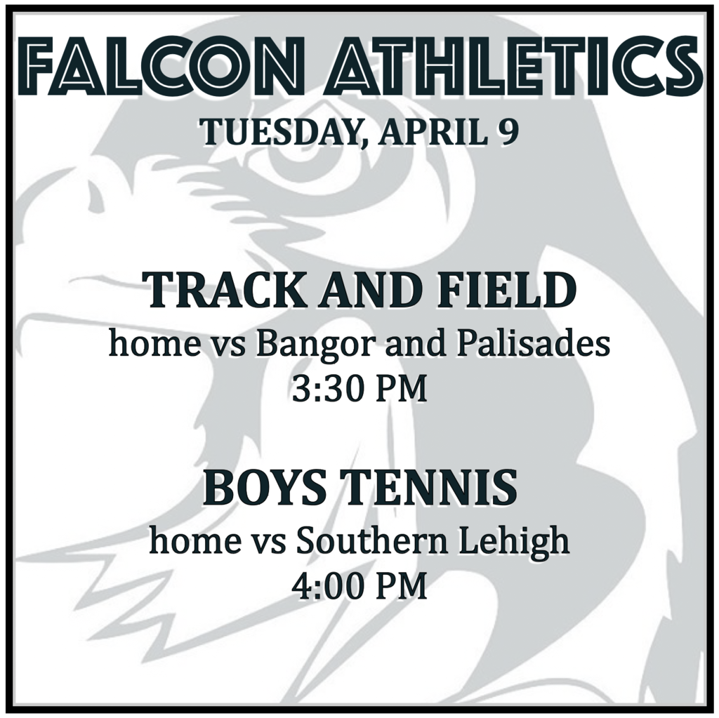 TRACK AND FIELD home vs Bangor and Palisades: 3:30 PM.  BOYS TENNIS home vs Southern Lehigh: 4:00 PM.