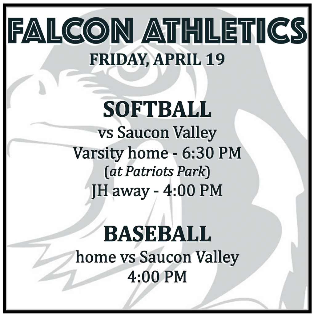 SOFTBALL vs Saucon Valley: Varsity home 6:30 (at Patriots Park),  JH away 4:00.  BASEBALL home vs Saucon Valley: 4:00 PM.