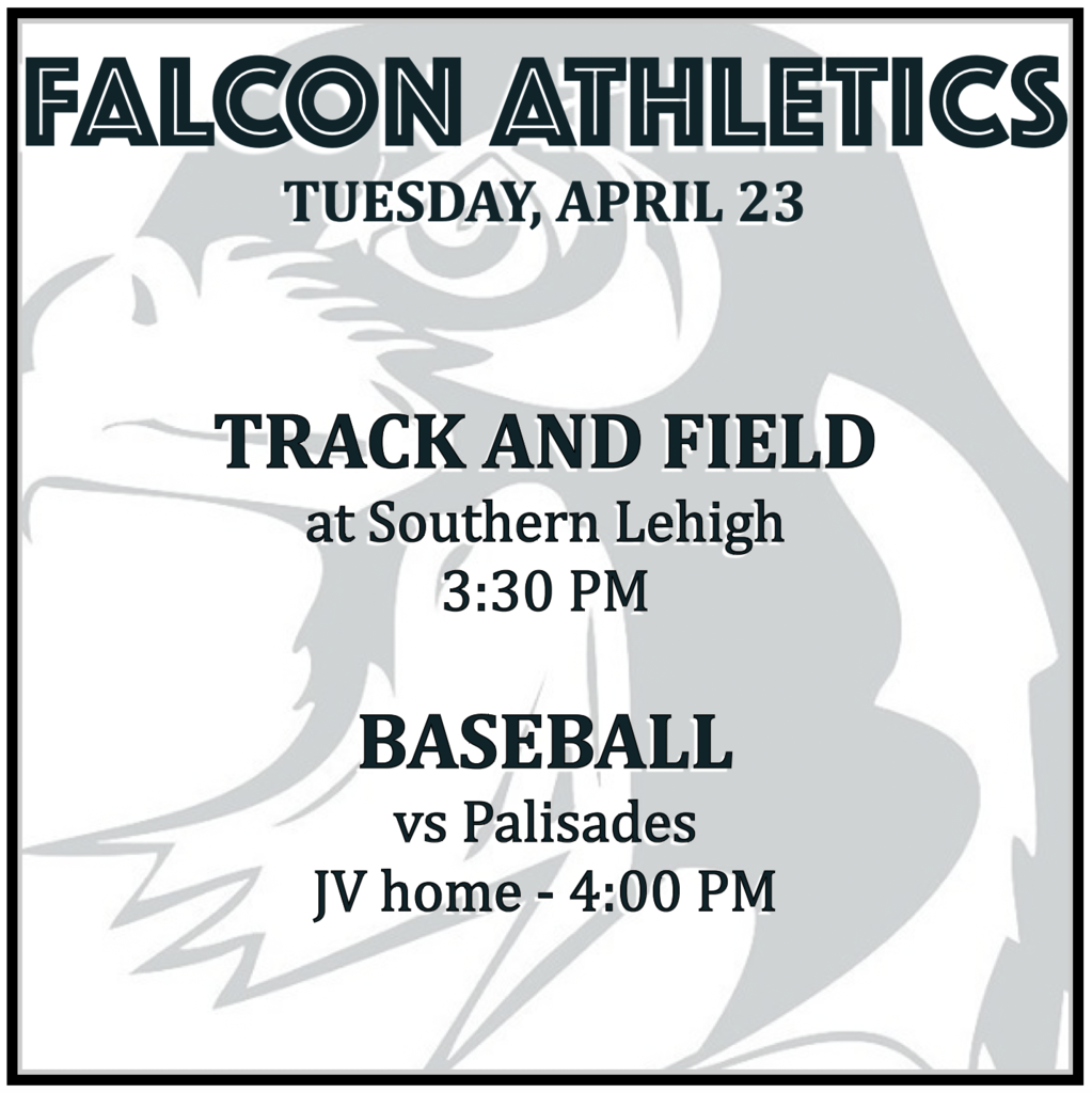 TRACK AND FIELD at Southern Lehigh: 3:30 PM.  BASEBALL vs Palisades: JV home 4:00 PM. 