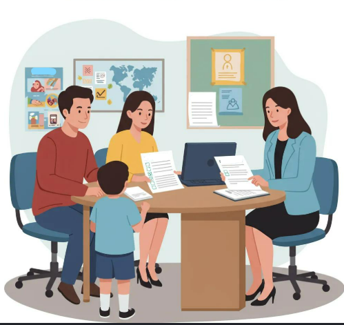 Two parents, mother and father are with child in an office reviewing papers along with secretary.