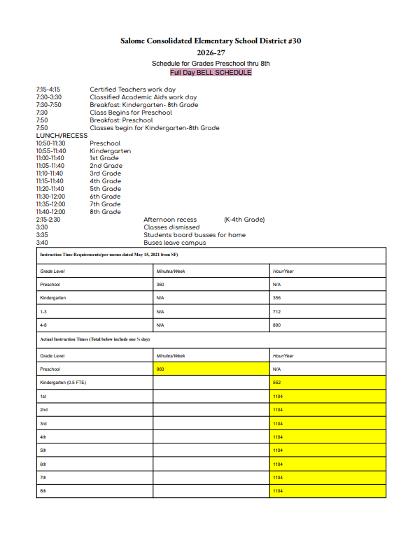 2026-2027 full day bell schedule