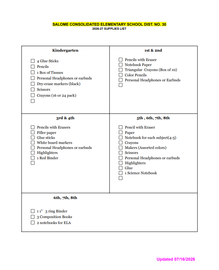 School supply list for school year 2026-2027