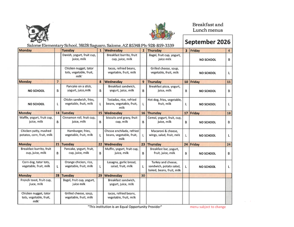 September monthly breakfast and lunch menus