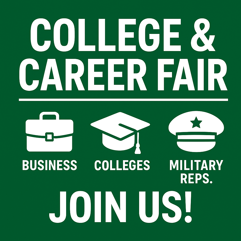 Green and white career and college fair poster with business, colleges, and military icons.