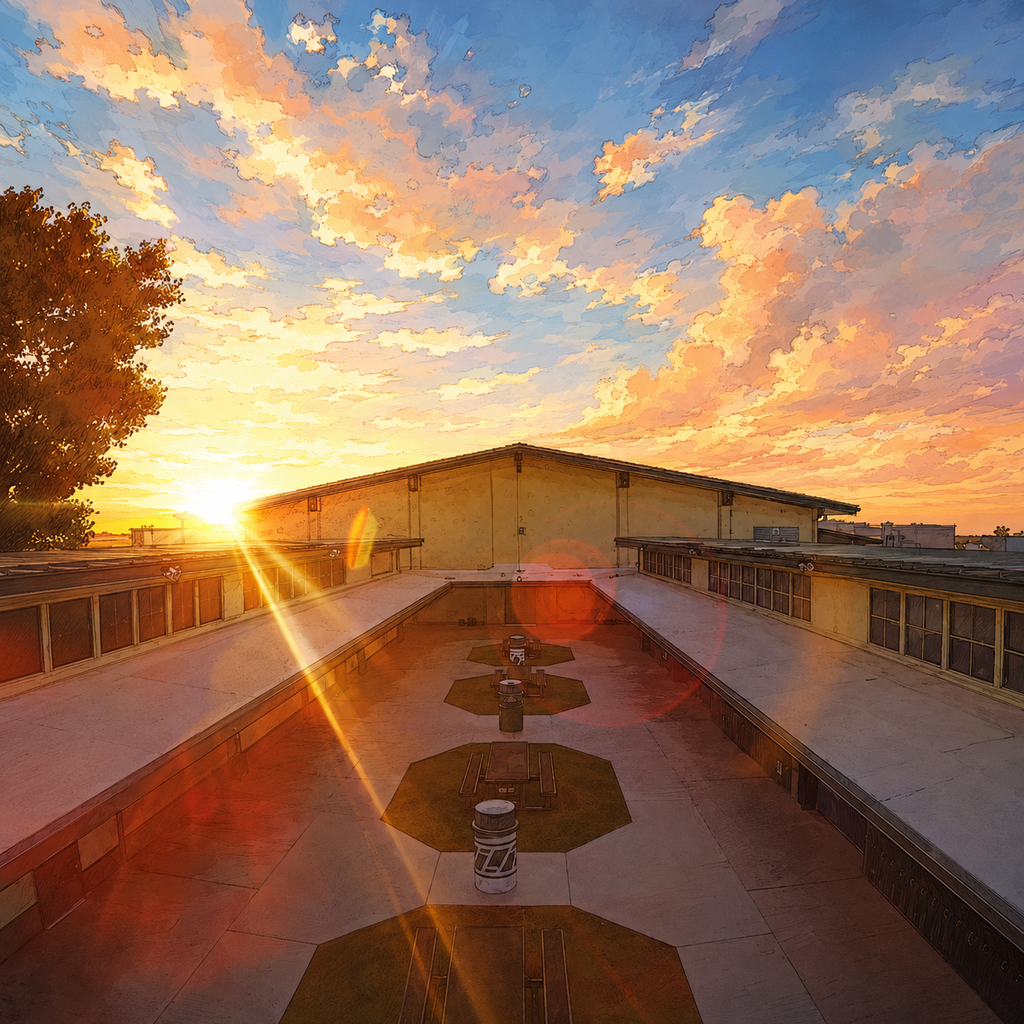 AI enhanced and edited image of a high school at sunrise. There's a lensflare and and a tree on the right side. The top of the gym and court yard make up the bottom half of the image.