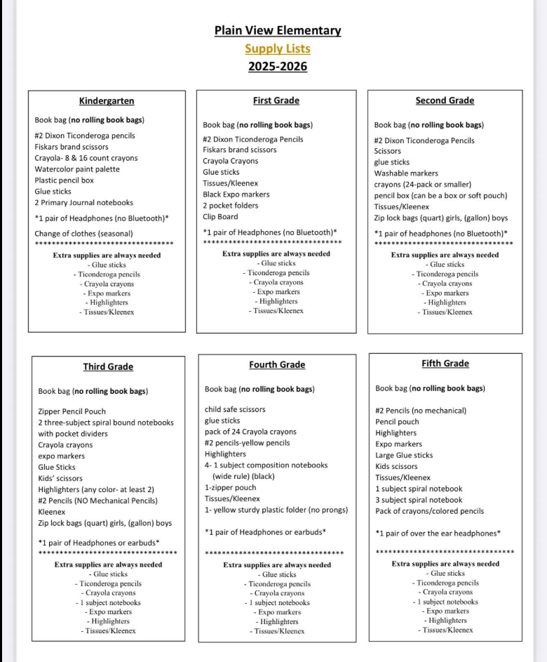 PVES School Supply List