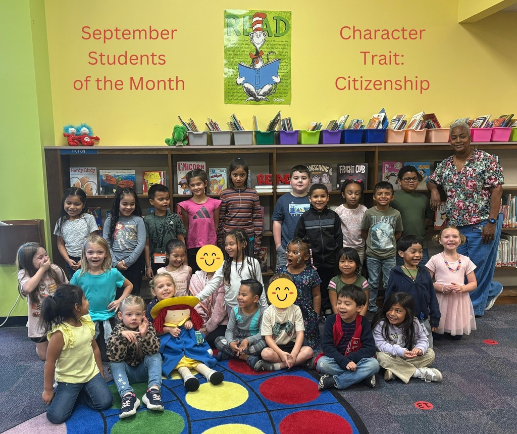 September Students of the Month Character Trait : Citizenship ; picture of students and Principal in library.