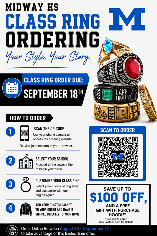 Juniors, Class Ring Order Deadline is September 18th. Scan the QR code for more info. 