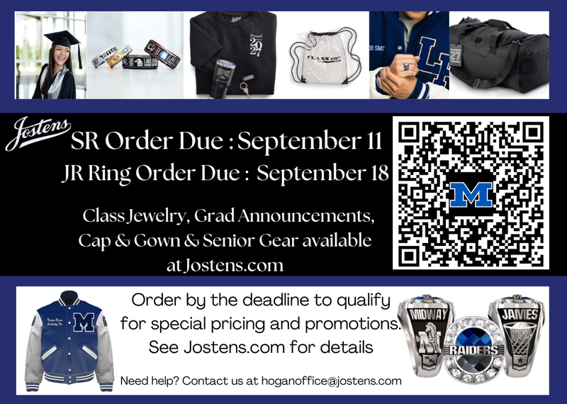 Senior class ring orders are due by 9-11, Junior orders are due by 9-18. Scan the QR code for more information.