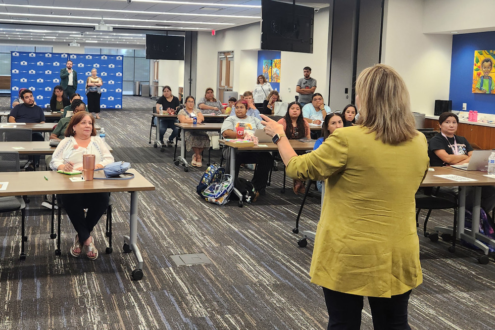 Woman presenting to room of adults