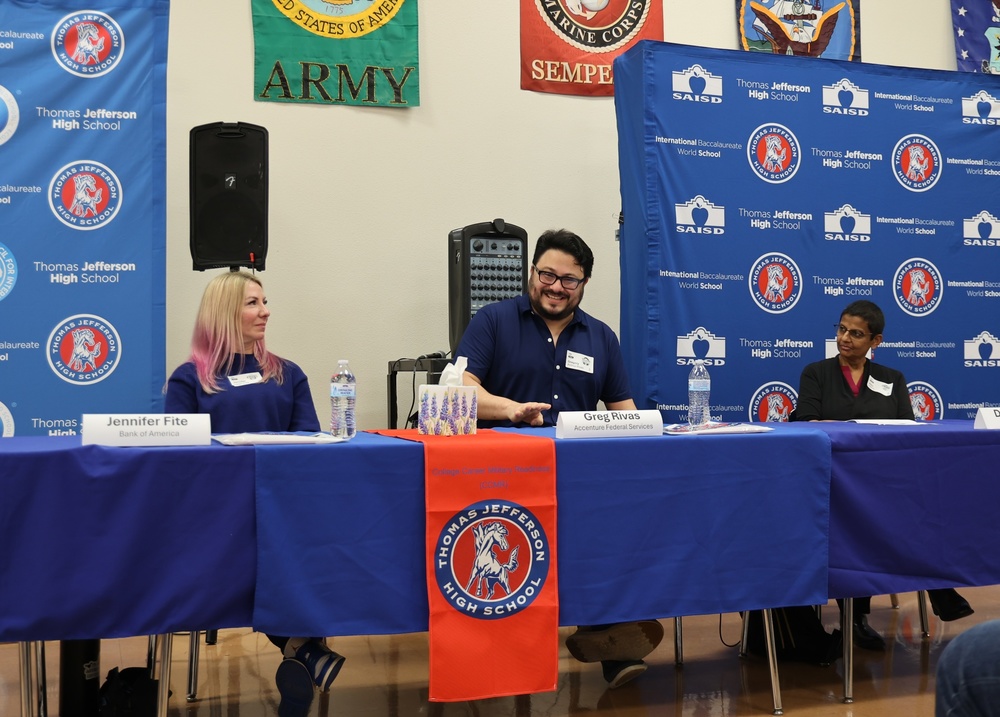 Three person panel with Jefferson backdrop