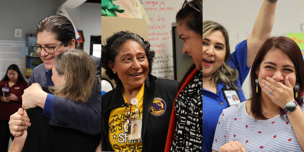 Three teachers reacting to award