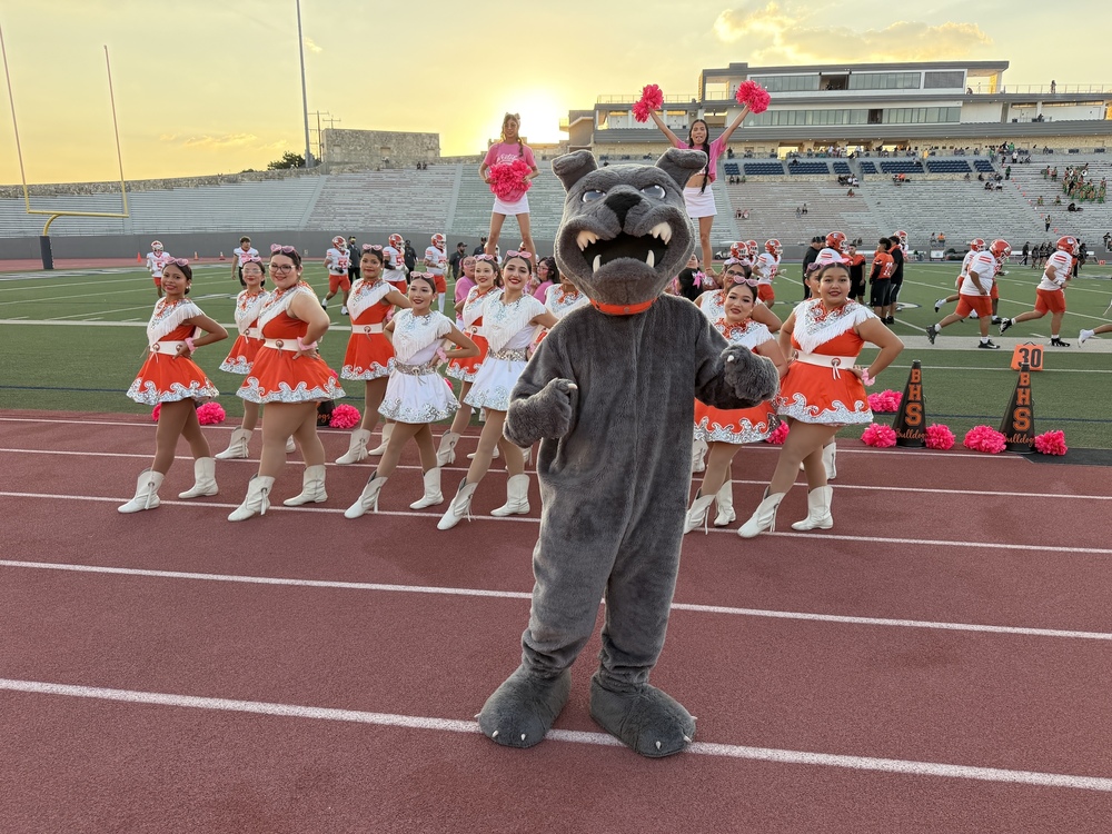 Bulldog mascot with Burbank Cheerleaders