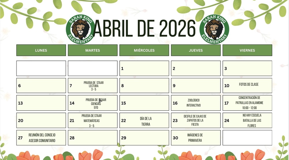 April Calendar SPANISH