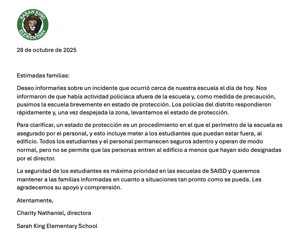 10.28.25 Spanish Parent Letter: Secure in Place