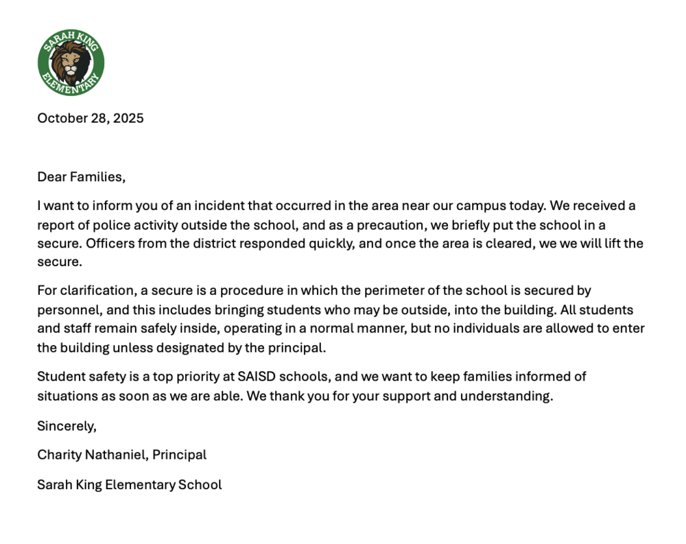 10.28.25 Parent Letter: Secure in Place