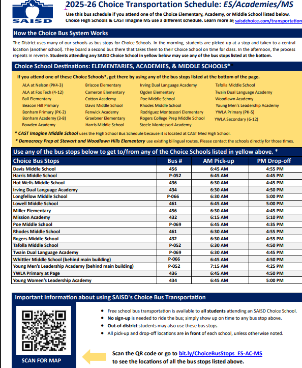 Bus schedule, pick-up and drop-off times