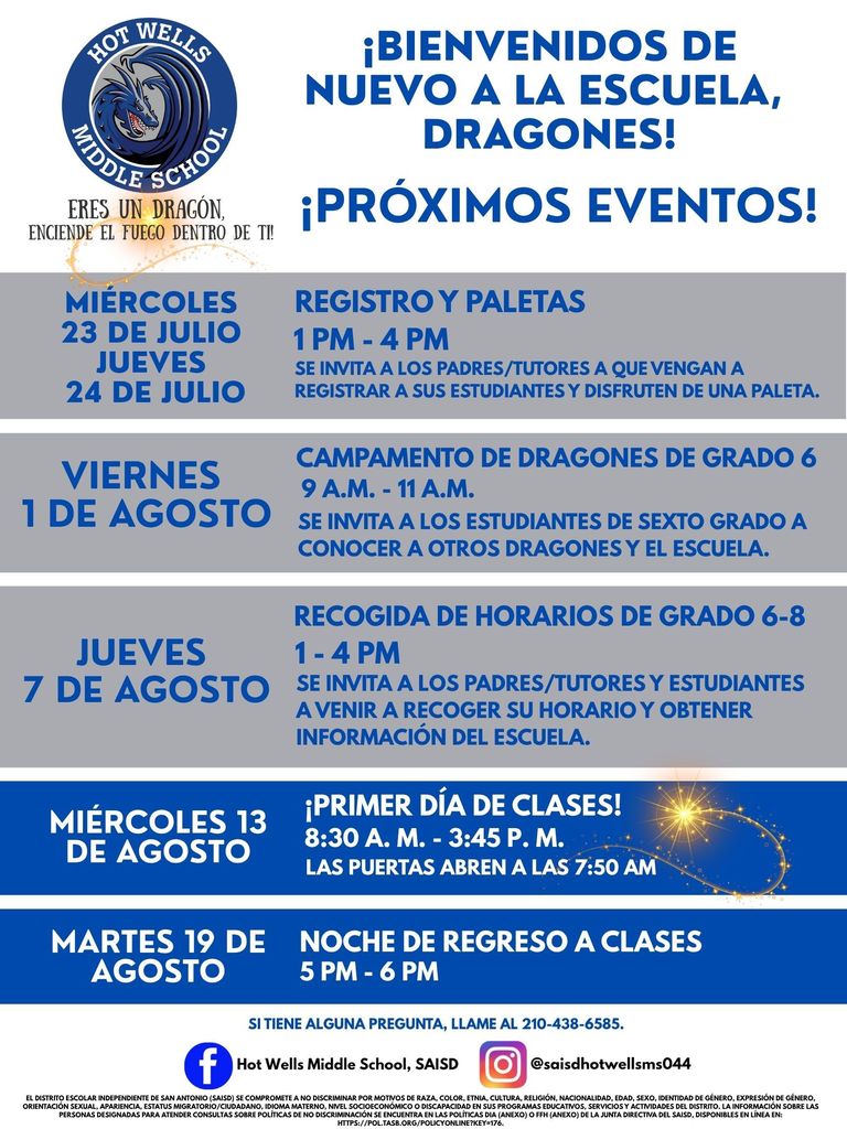 Hot Wells Families mark your calendars! Please join us for the upcoming events!