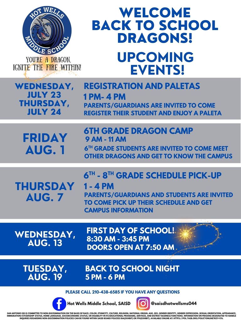 Hot Wells Families mark your calendars! Please join us for the upcoming events!