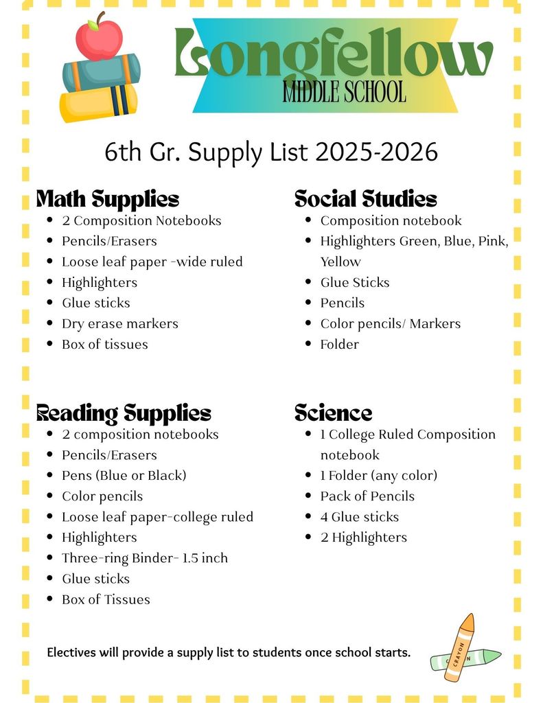 The images on the supply list include a stack of books with an apple on top and two crayons.  
