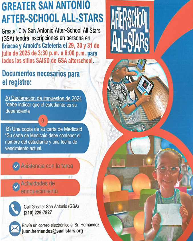 GSA Registration Information July 29-31 at Briscoe  & Arnold Elementary 3:30-6:00pm