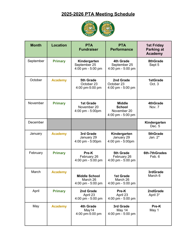 PTA schedule and First Friday Parking schedule 25-26