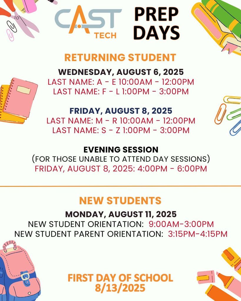 CAST Tech Prep Day schedule with images of school supplies