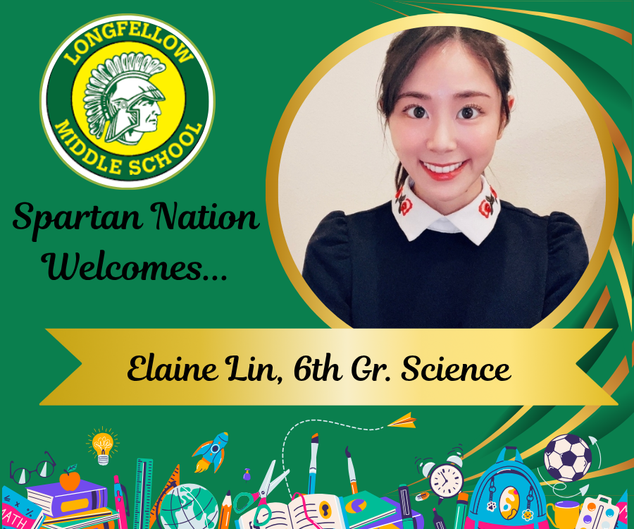 This is a picture of a new teacher set in a green background with the Longfellow logo.  School supplies are pictured along the bottom border!