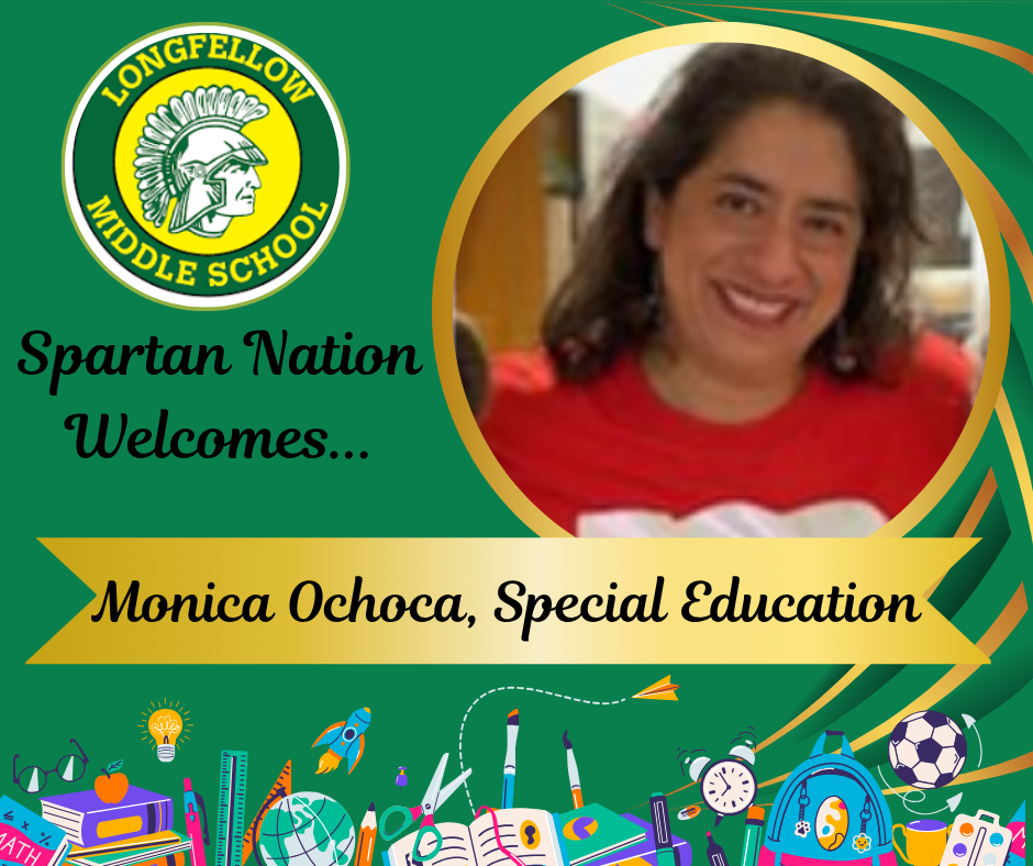 This is a picture of a new teacher set in a green background with the Longfellow logo.  School supplies are pictured along the bottom border!