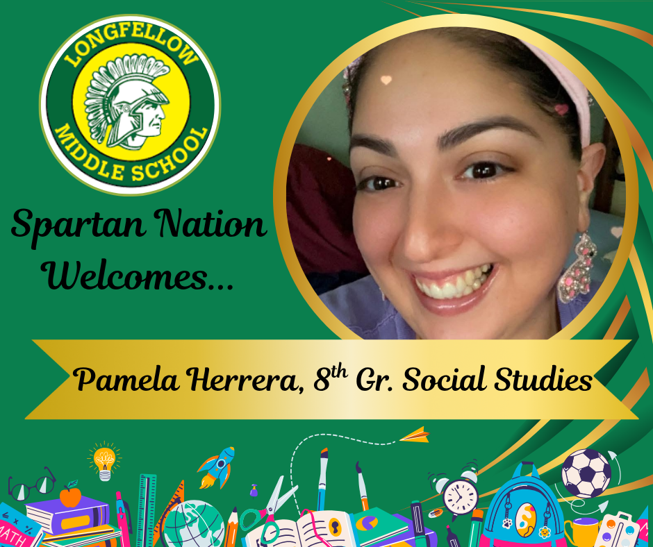 This is a picture of a new teacher set in a green background with the Longfellow logo.  School supplies are pictured along the bottom border!