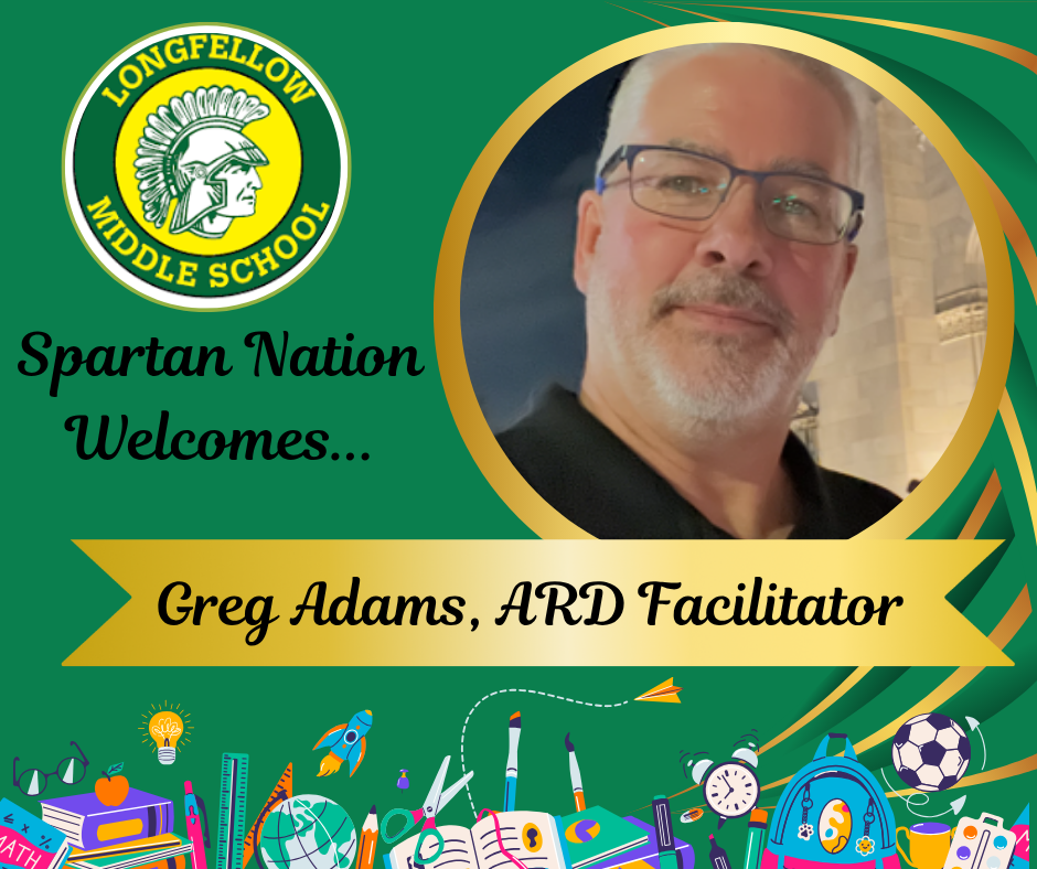 This is a picture of a new ARD Facilitator set in a green background with the Longfellow logo.  School supplies are pictured along the bottom border!