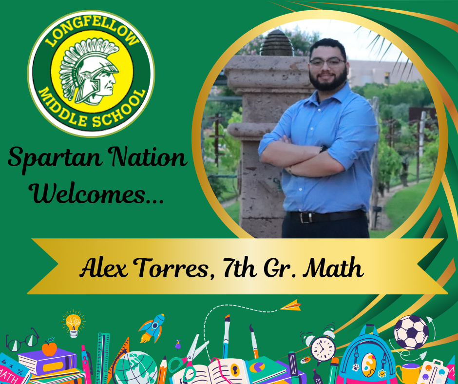 This is a picture of a new teacher set in a green background with the Longfellow logo.  School supplies are pictured along the bottom border!