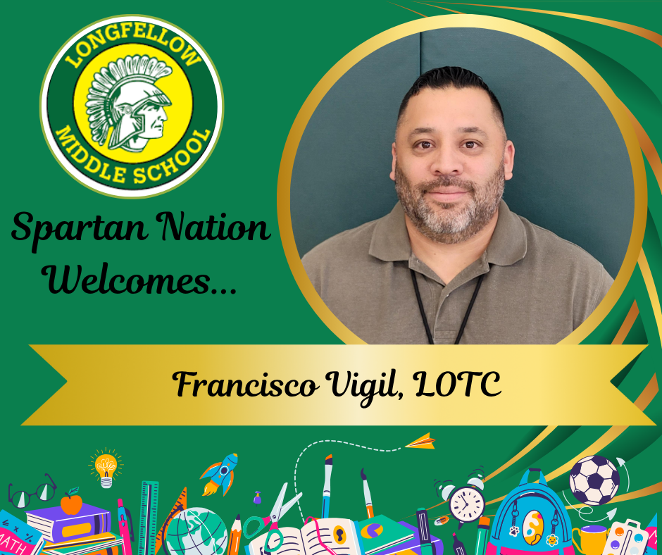 This is a picture of a new teacher set in a green background with the Longfellow logo.  School supplies are pictured along the bottom border!