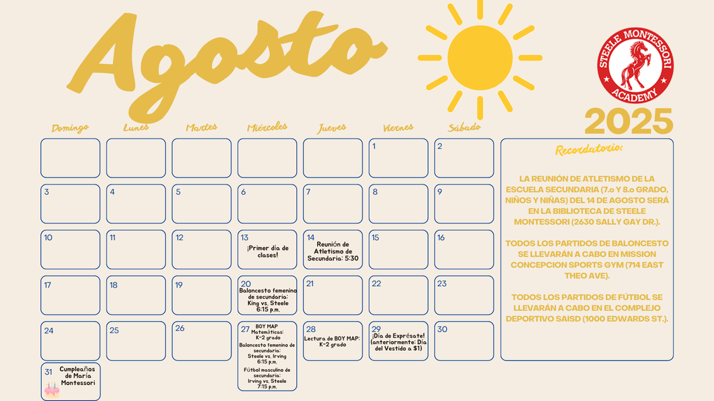 Steele Family Calendar: August 2025 (Spanish)