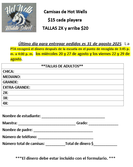 Hot Wells PTA T Shirt Sale 