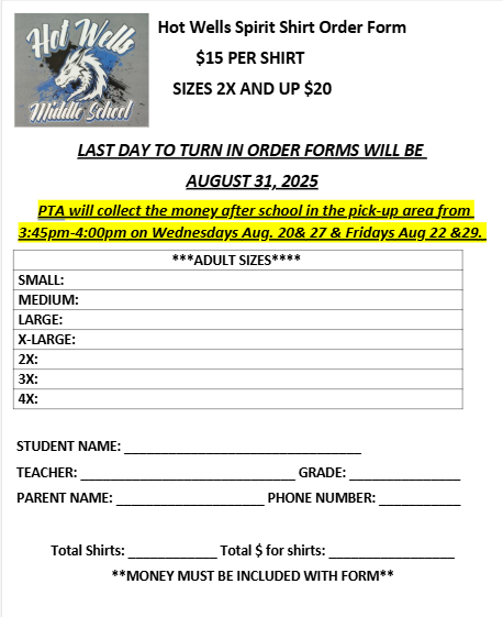 Hot Wells PTA T Shirt Sale 
