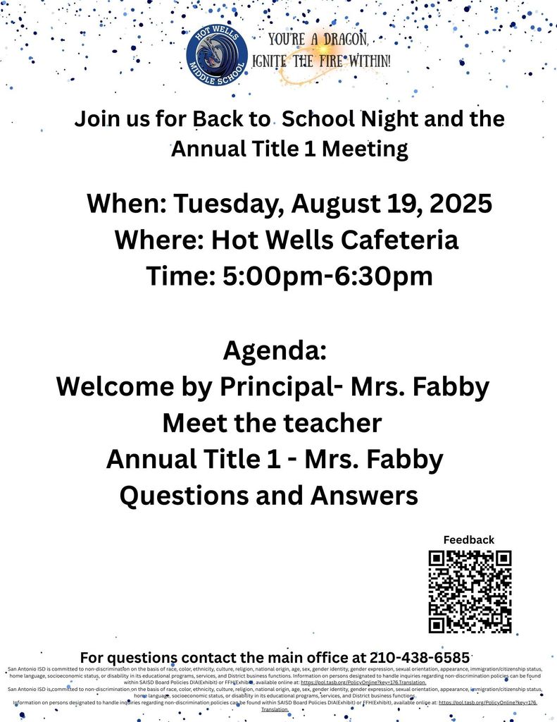 Back to School Night, Tuesday, Aug 19, 5 - 6:30, meet the teacher, title 1 meeting